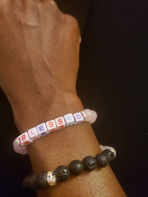 "BLESSED" Rose Quartz and White Jade Bracelet