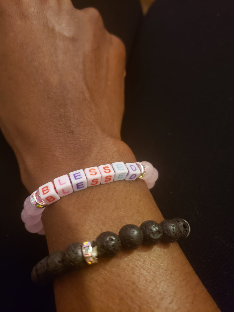 "BLESSED" Rose Quartz and White Jade Bracelet