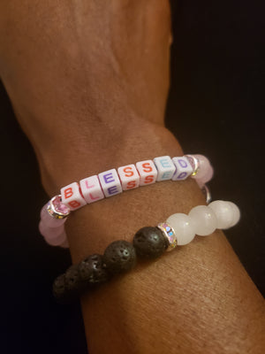 "BLESSED" Rose Quartz and White Jade Bracelet