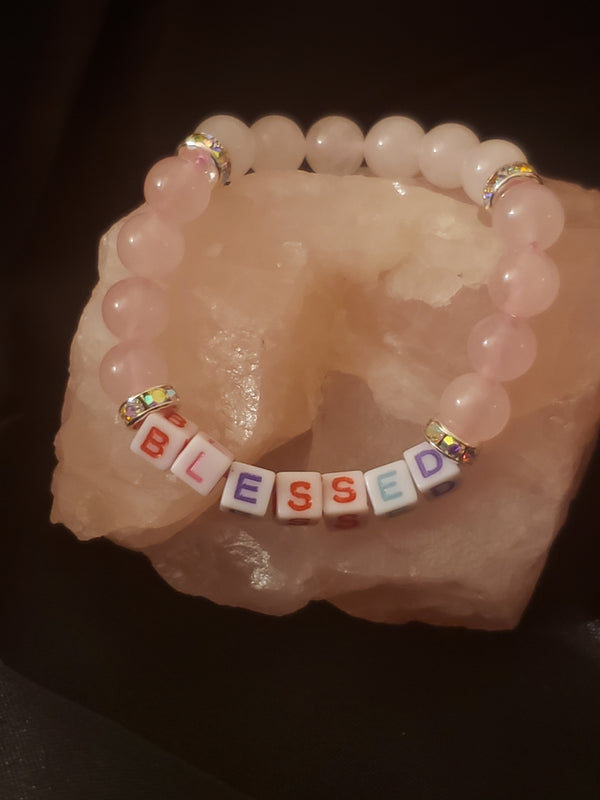 "BLESSED" Rose Quartz and White Jade Bracelet